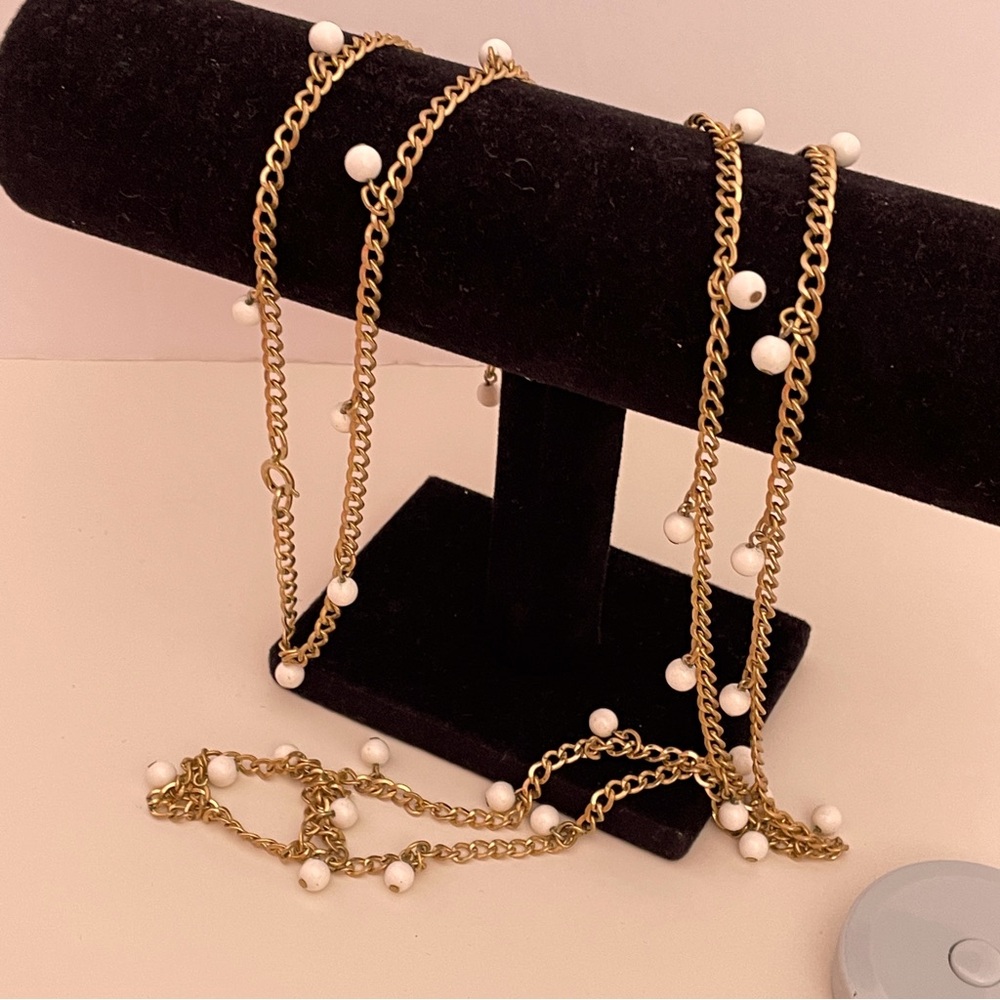 Vintage 60’s NAPIER Gold Tone White Beaded Bridal Wedding Preppy Long Necklace